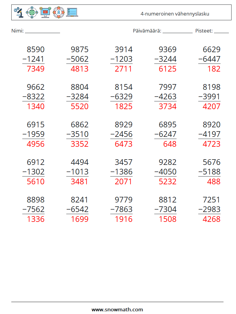 (25) 4-numeroinen vähennyslasku Matematiikan laskentataulukot 16 Kysymys, vastaus