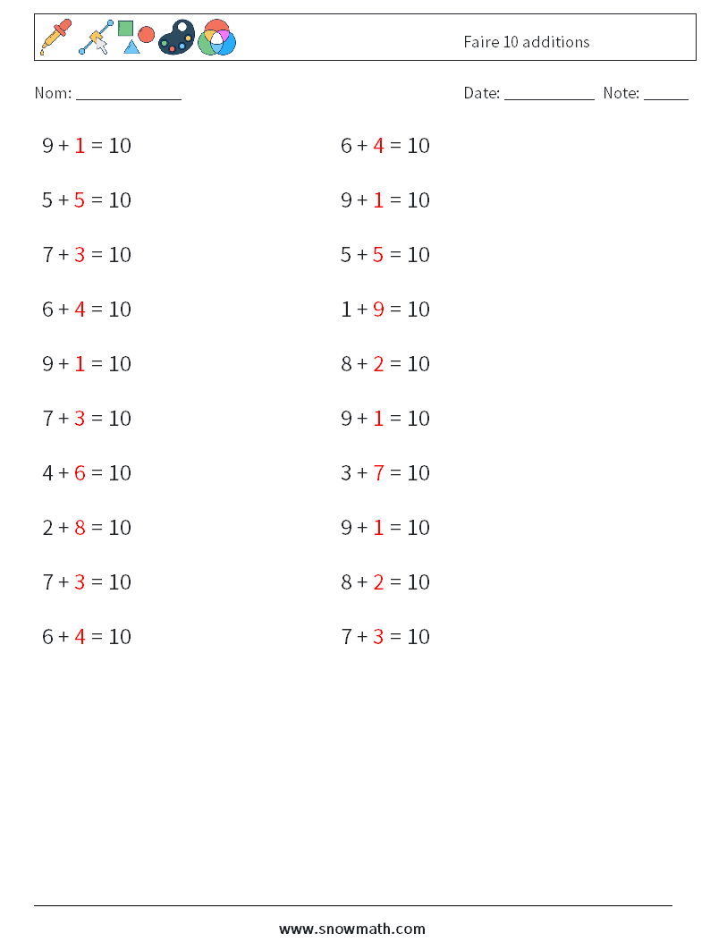(20) Faire 10 additions Fiches d'Exercices de Mathématiques 1 Question, Réponse
