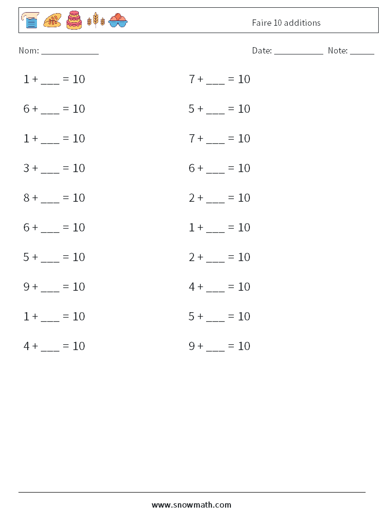 (20) Faire 10 additions Fiches d'Exercices de Mathématiques 2