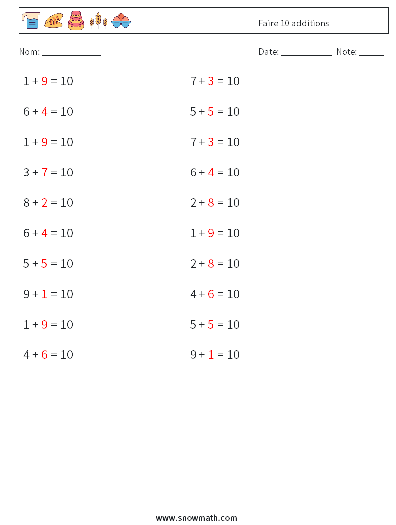 (20) Faire 10 additions Fiches d'Exercices de Mathématiques 2 Question, Réponse