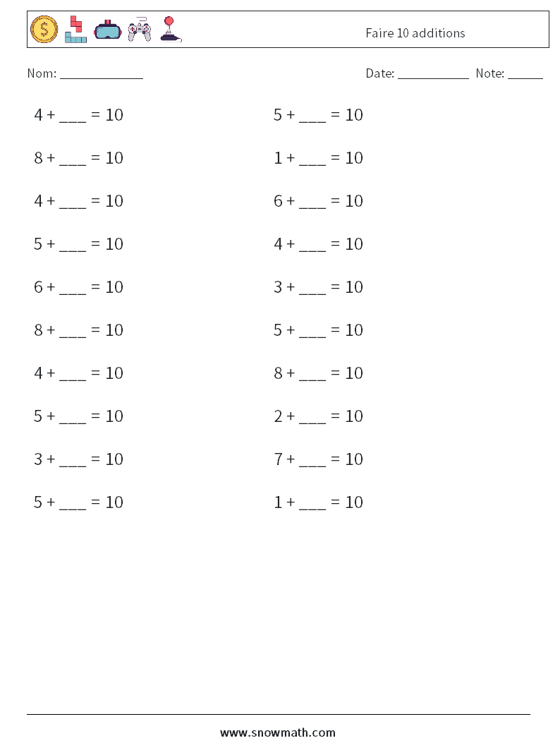 (20) Faire 10 additions Fiches d'Exercices de Mathématiques 3