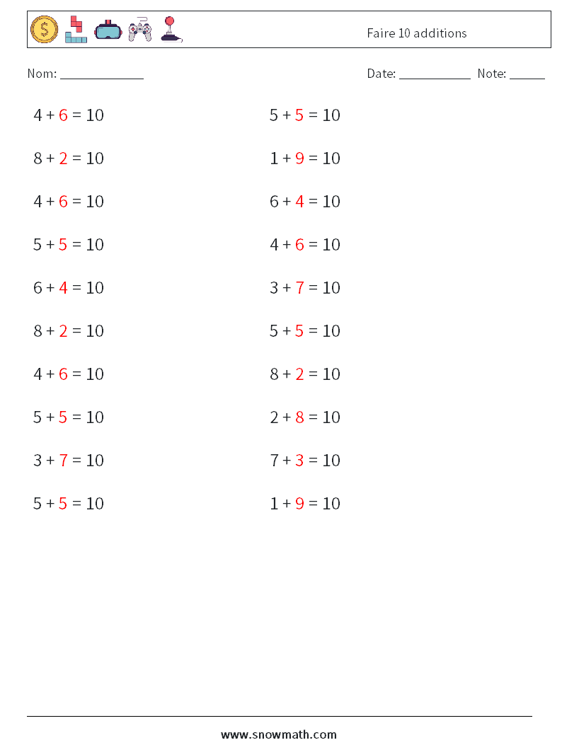 (20) Faire 10 additions Fiches d'Exercices de Mathématiques 3 Question, Réponse