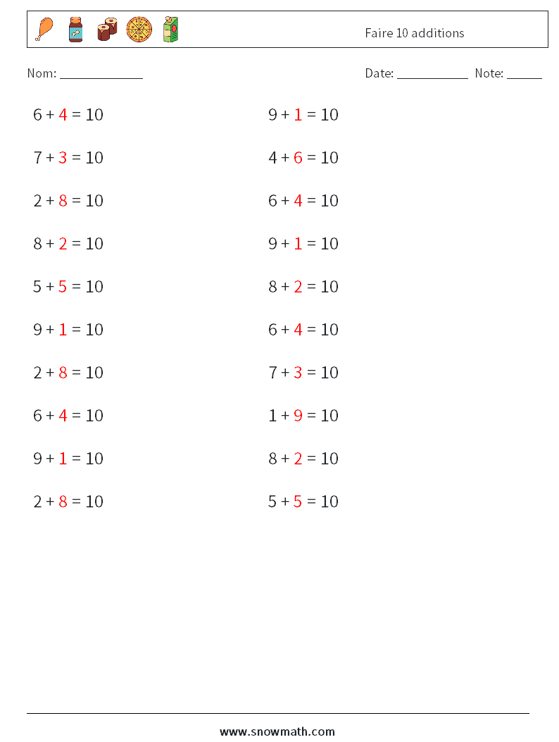 (20) Faire 10 additions Fiches d'Exercices de Mathématiques 4 Question, Réponse