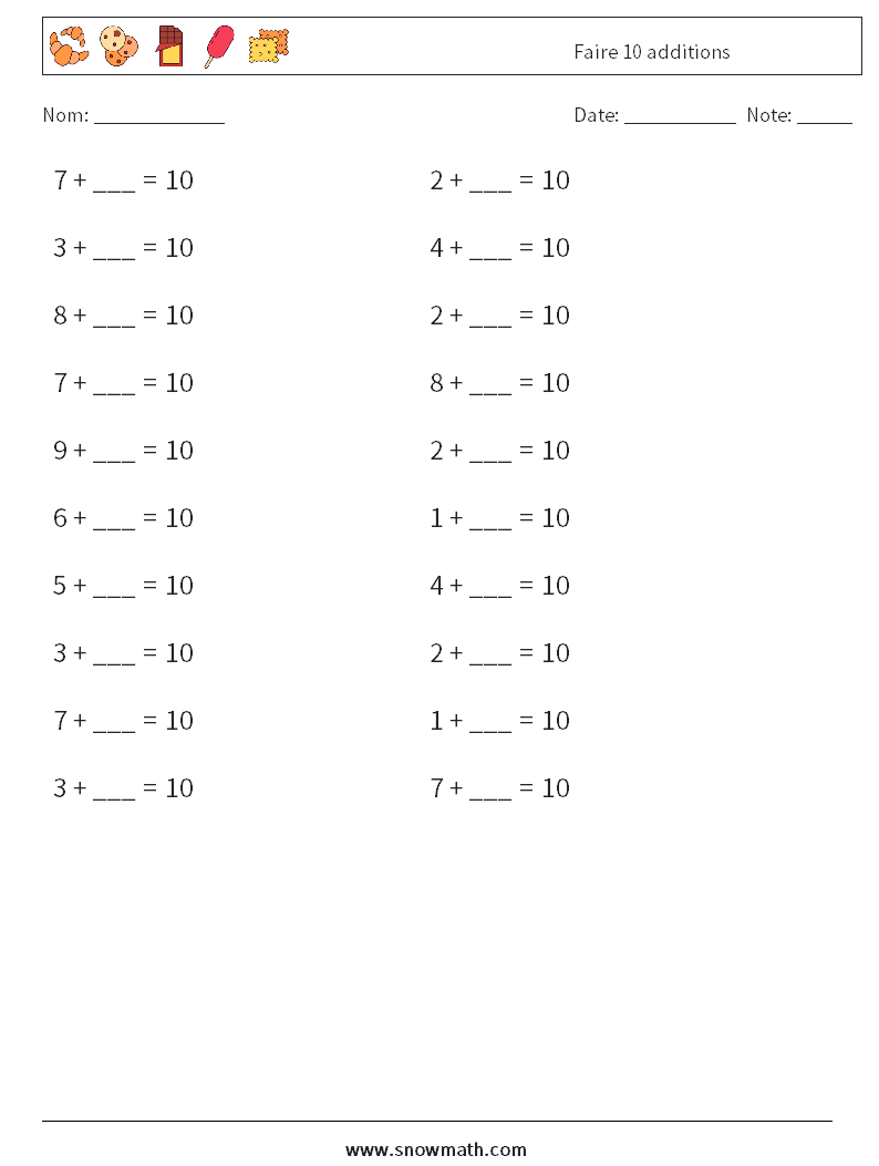 (20) Faire 10 additions Fiches d'Exercices de Mathématiques 5