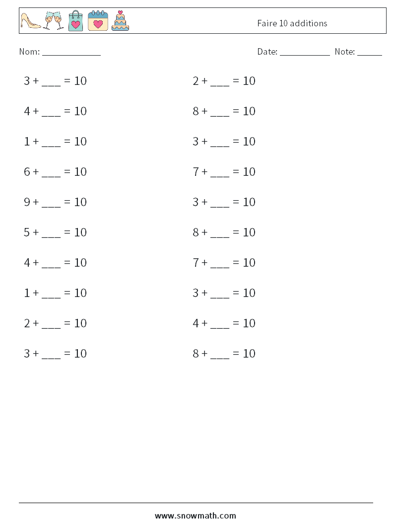 (20) Faire 10 additions Fiches d'Exercices de Mathématiques 6