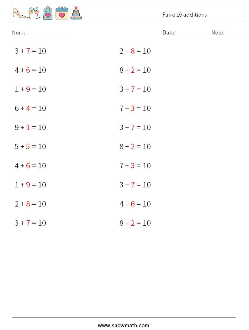 (20) Faire 10 additions Fiches d'Exercices de Mathématiques 6 Question, Réponse