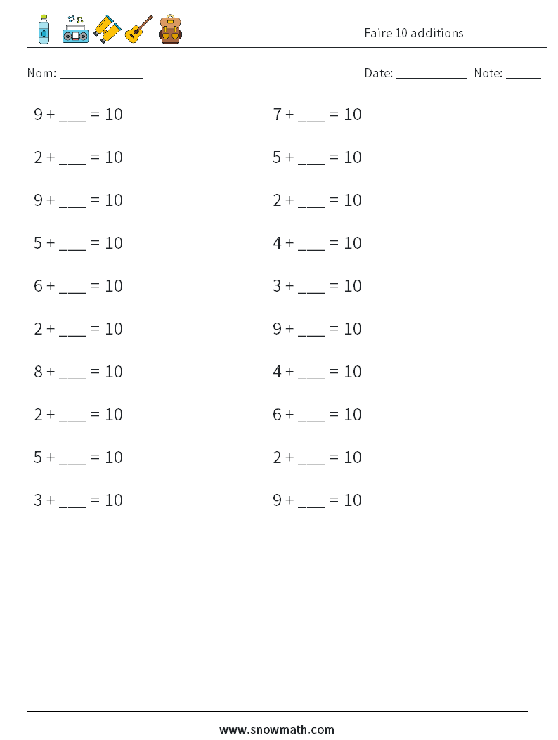 (20) Faire 10 additions Fiches d'Exercices de Mathématiques 7