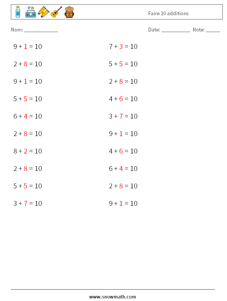 (20) Faire 10 additions Fiches d'Exercices de Mathématiques 7 Question, Réponse