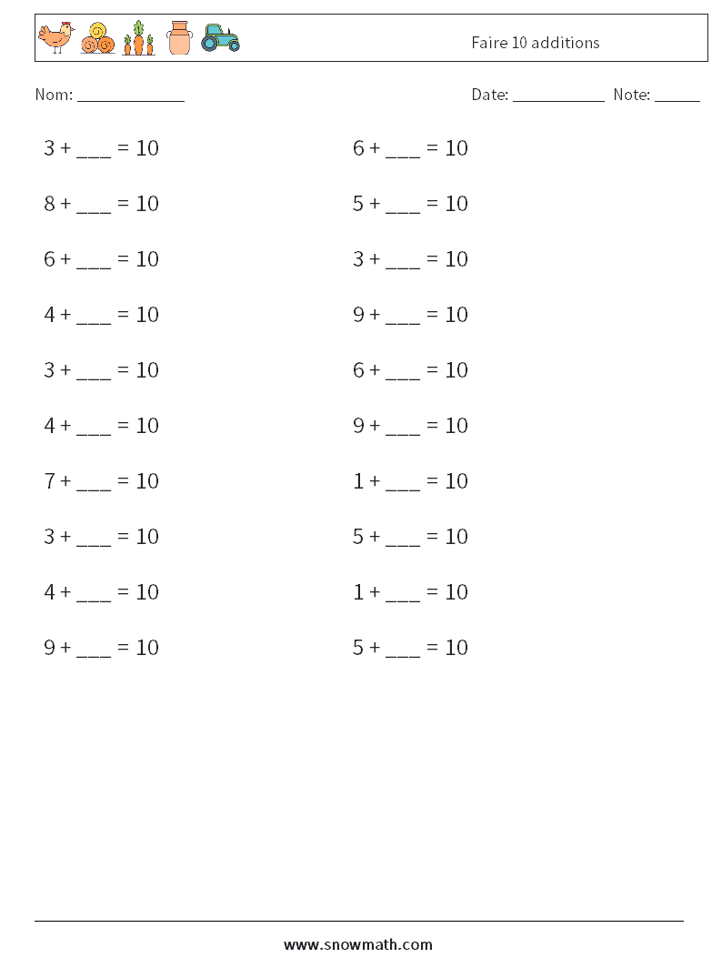 (20) Faire 10 additions Fiches d'Exercices de Mathématiques 8