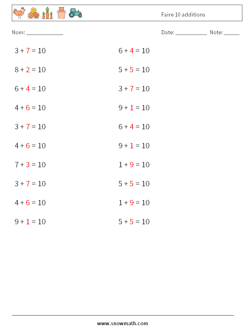 (20) Faire 10 additions Fiches d'Exercices de Mathématiques 8 Question, Réponse