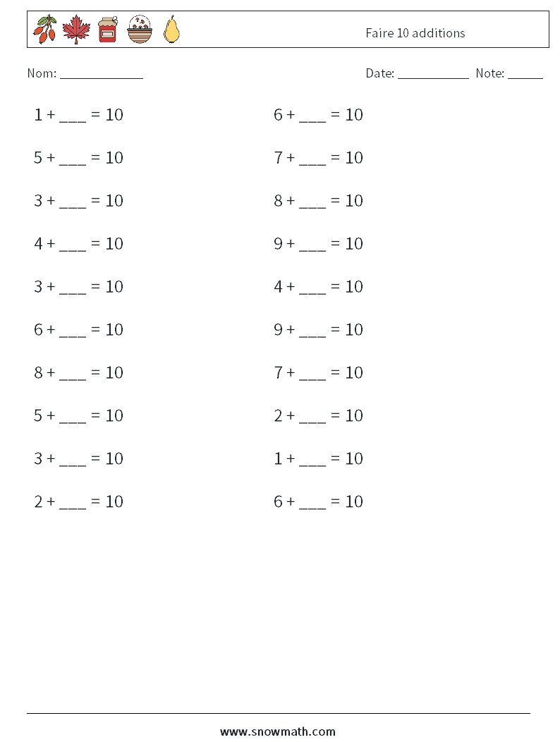 (20) Faire 10 additions Fiches d'Exercices de Mathématiques 9