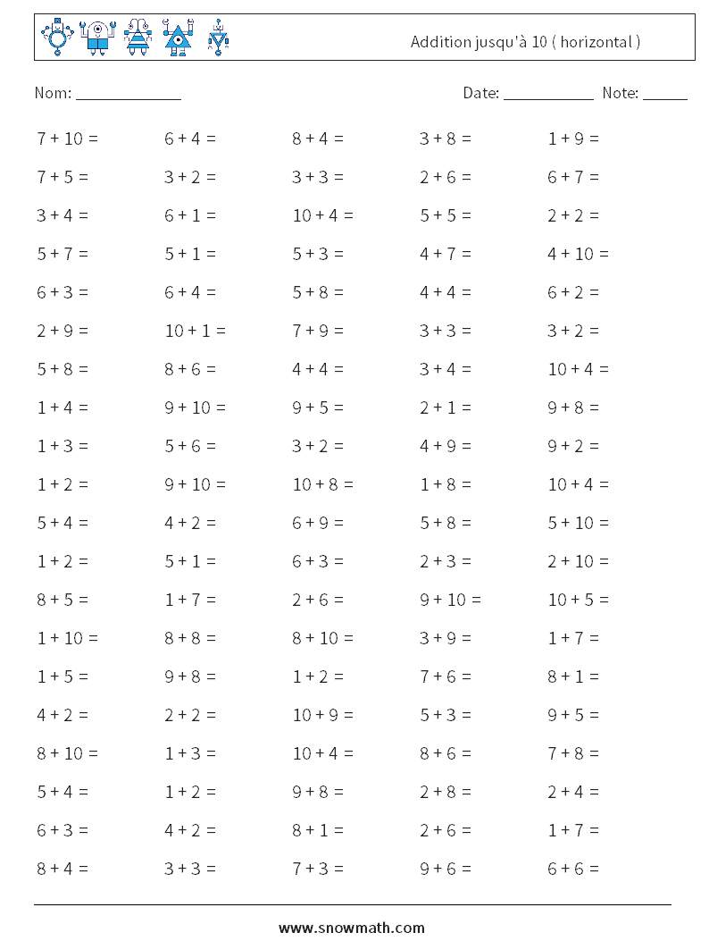(100) Addition jusqu'à 10 ( horizontal ) Fiches d'Exercices de Mathématiques 2