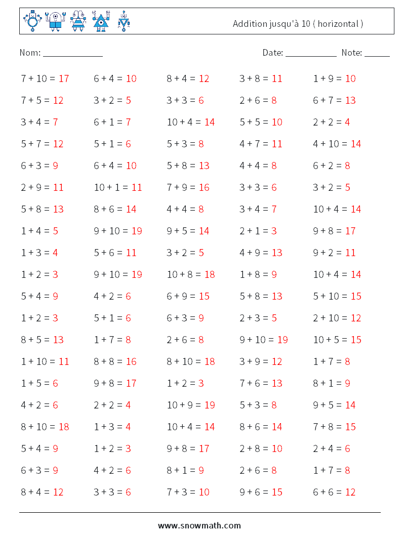 (100) Addition jusqu'à 10 ( horizontal ) Fiches d'Exercices de Mathématiques 2 Question, Réponse
