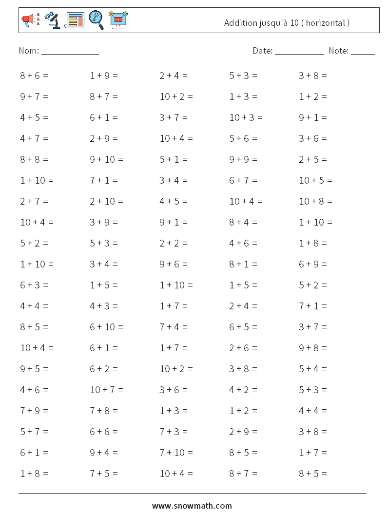 (100) Addition jusqu'à 10 ( horizontal ) Fiches d'Exercices de Mathématiques 4