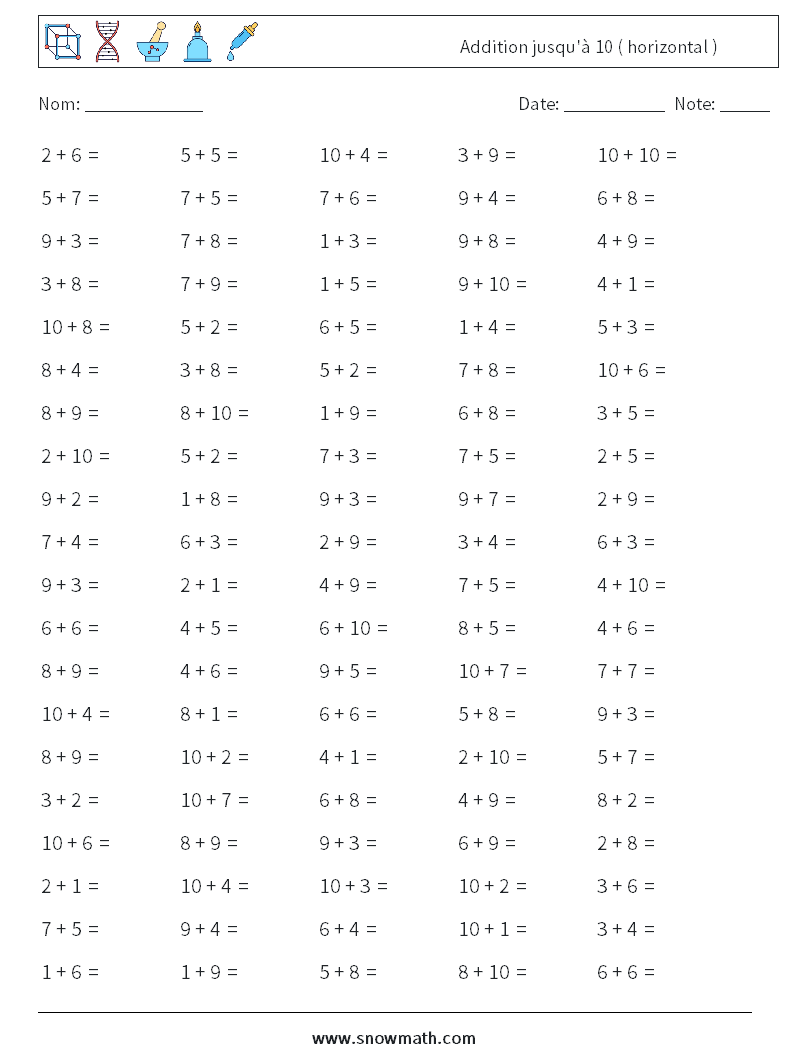 (100) Addition jusqu'à 10 ( horizontal ) Fiches d'Exercices de Mathématiques 5