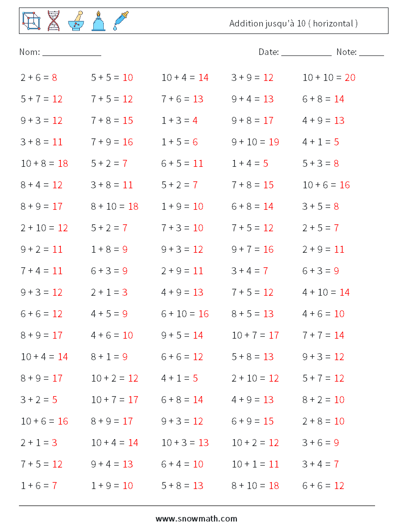 (100) Addition jusqu'à 10 ( horizontal ) Fiches d'Exercices de Mathématiques 5 Question, Réponse