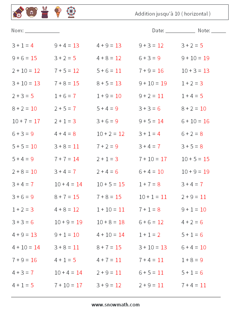 (100) Addition jusqu'à 10 ( horizontal ) Fiches d'Exercices de Mathématiques 6 Question, Réponse