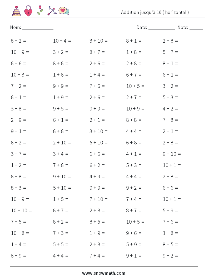 (100) Addition jusqu'à 10 ( horizontal ) Fiches d'Exercices de Mathématiques 7