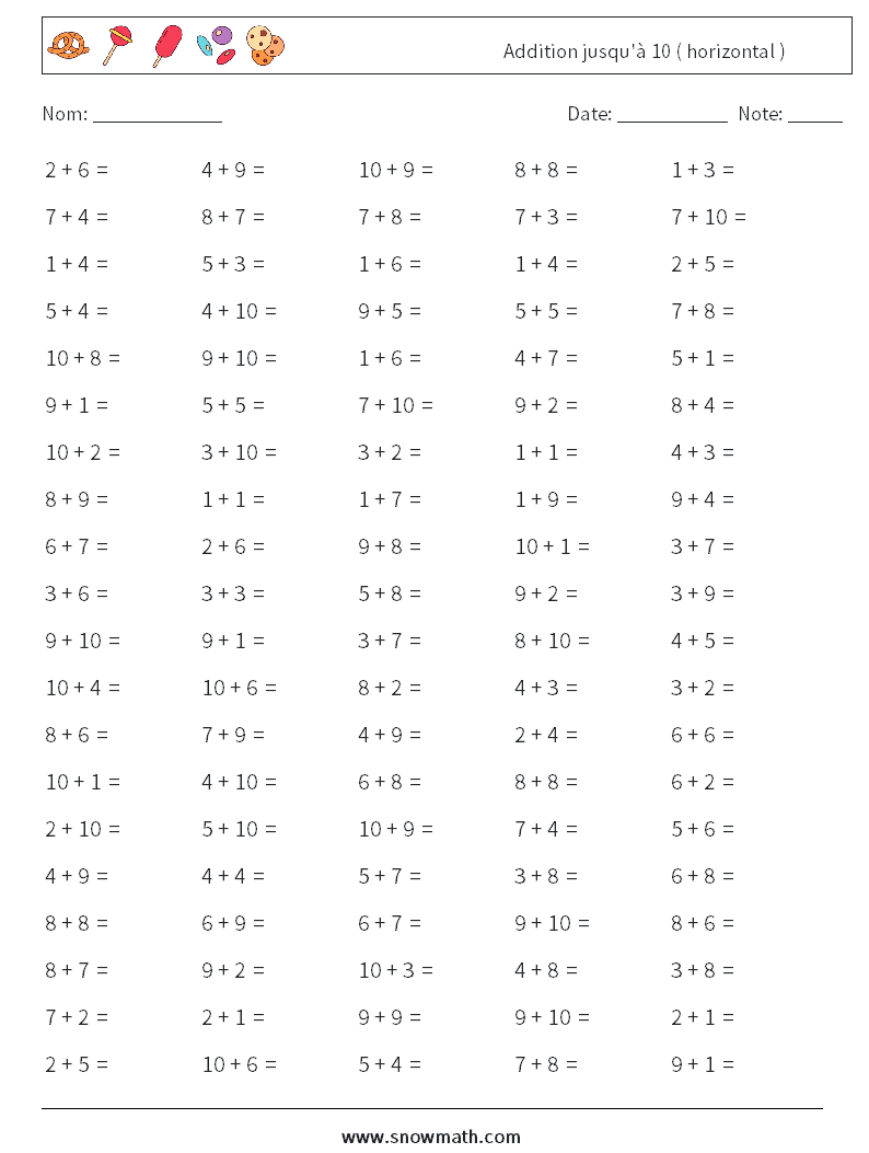 (100) Addition jusqu'à 10 ( horizontal ) Fiches d'Exercices de Mathématiques 8