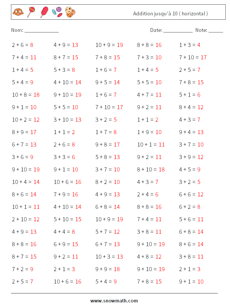 (100) Addition jusqu'à 10 ( horizontal ) Fiches d'Exercices de Mathématiques 8 Question, Réponse