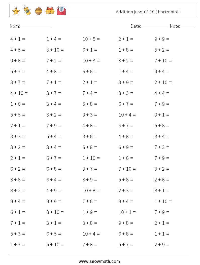 (100) Addition jusqu'à 10 ( horizontal ) Fiches d'Exercices de Mathématiques 9