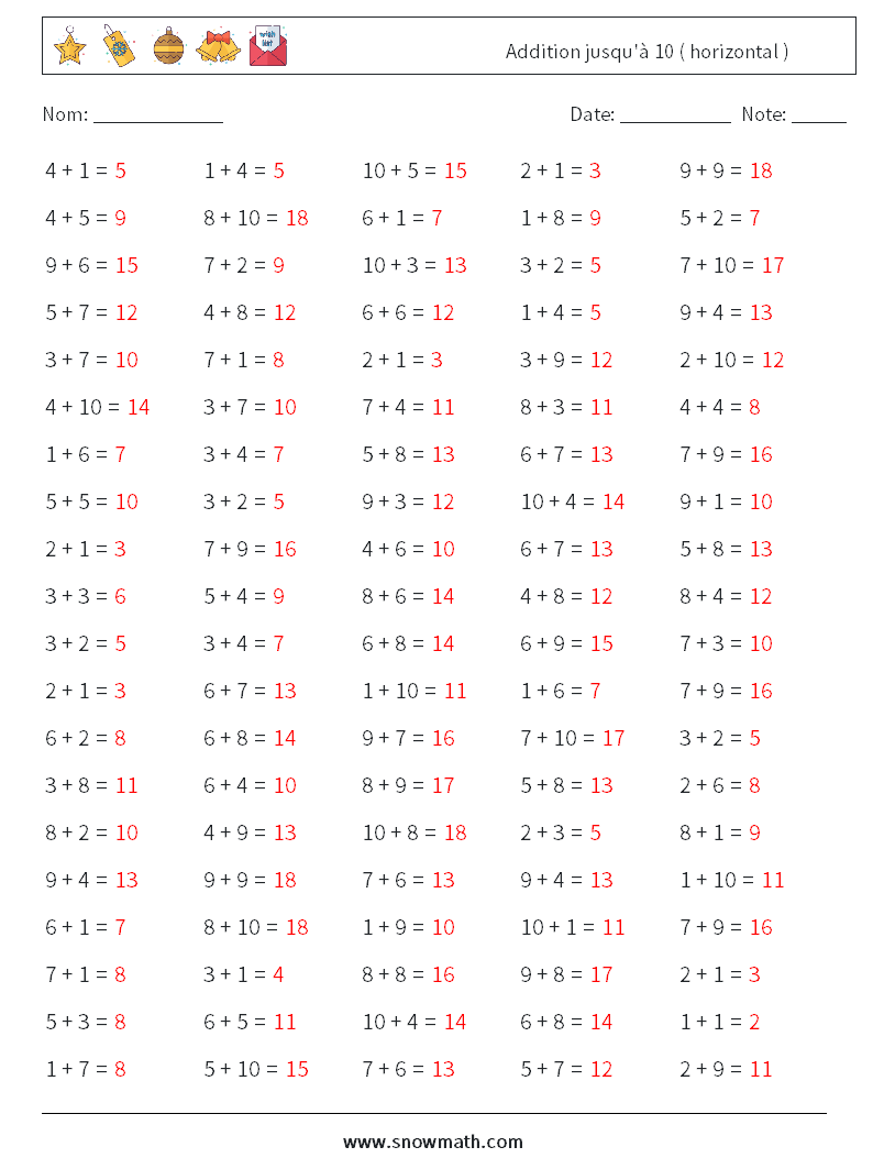 (100) Addition jusqu'à 10 ( horizontal ) Fiches d'Exercices de Mathématiques 9 Question, Réponse