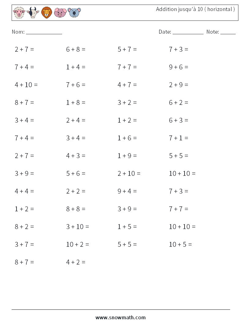 Addition Fiches D exercices Fiches D exercices De Math matiques 