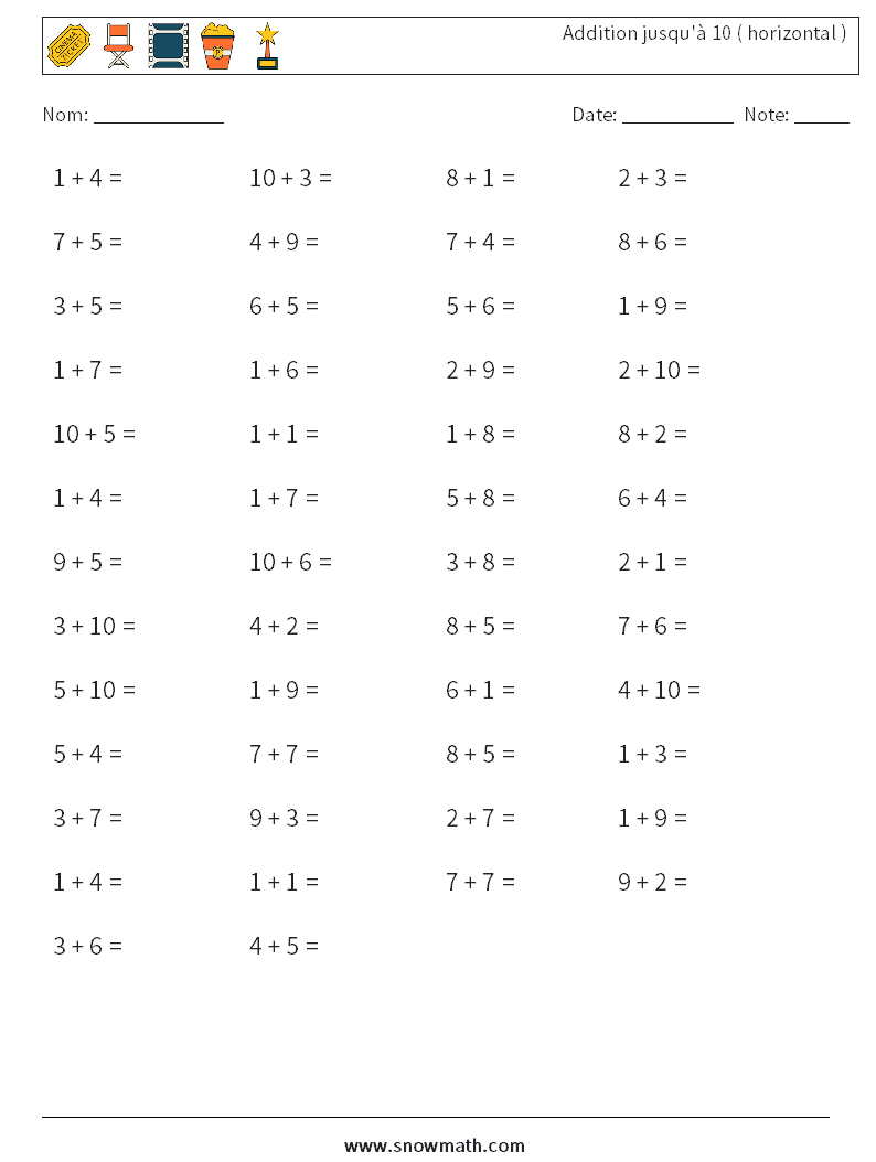 (50) Addition jusqu'à 10 ( horizontal ) Fiches d'Exercices de Mathématiques 2