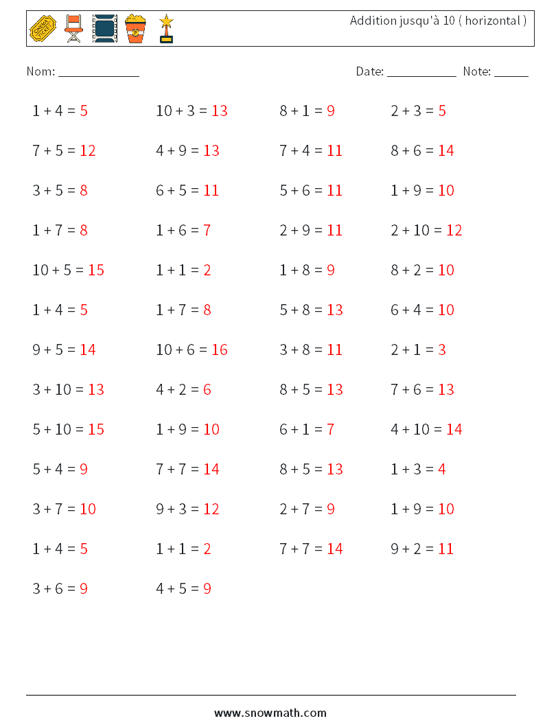 (50) Addition jusqu'à 10 ( horizontal ) Fiches d'Exercices de Mathématiques 2 Question, Réponse
