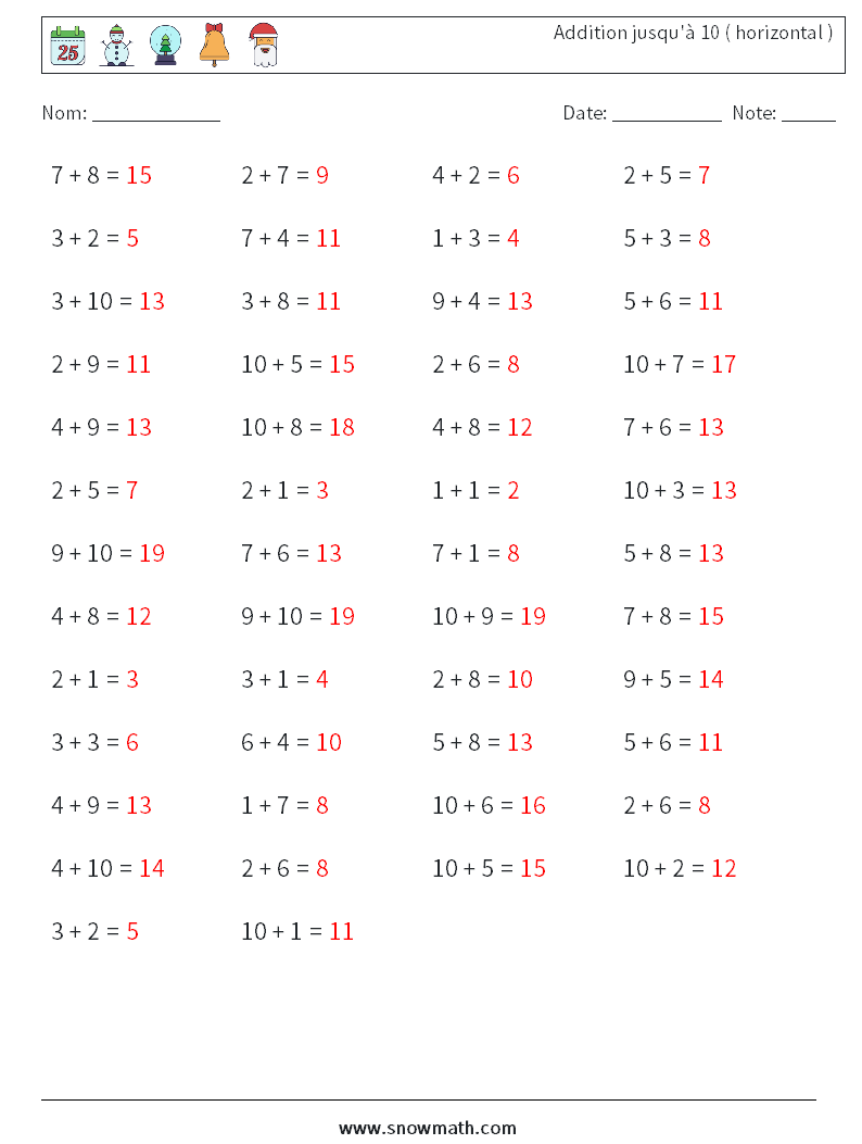 (50) Addition jusqu'à 10 ( horizontal ) Fiches d'Exercices de Mathématiques 3 Question, Réponse