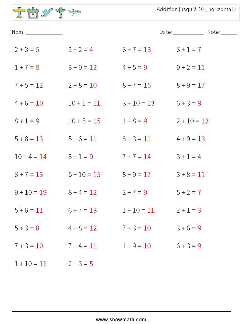 (50) Addition jusqu'à 10 ( horizontal ) Fiches d'Exercices de Mathématiques 4 Question, Réponse