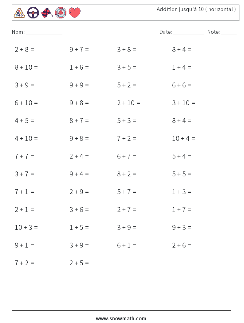 (50) Addition jusqu'à 10 ( horizontal ) Fiches d'Exercices de Mathématiques 6