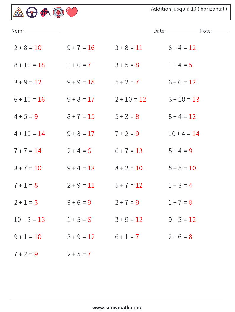 (50) Addition jusqu'à 10 ( horizontal ) Fiches d'Exercices de Mathématiques 6 Question, Réponse