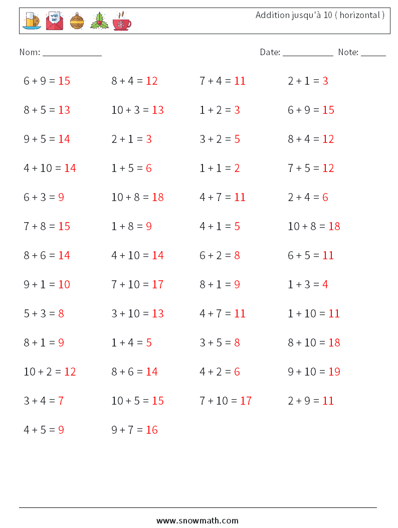 (50) Addition jusqu'à 10 ( horizontal ) Fiches d'Exercices de Mathématiques 7 Question, Réponse