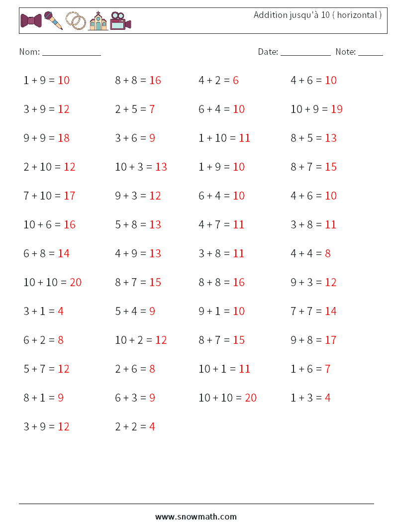 (50) Addition jusqu'à 10 ( horizontal ) Fiches d'Exercices de Mathématiques 8 Question, Réponse