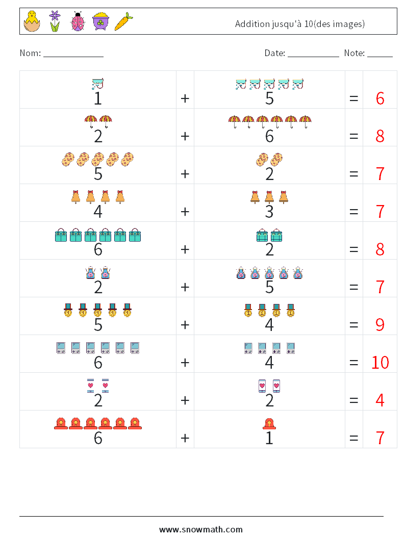 Addition jusqu'à 10(des images) Fiches d'Exercices de Mathématiques 13 Question, Réponse