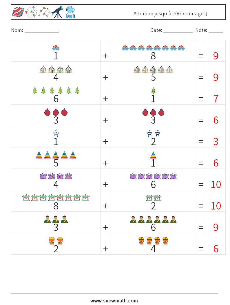 Addition jusqu'à 10(des images) Fiches d'Exercices de Mathématiques 16 Question, Réponse