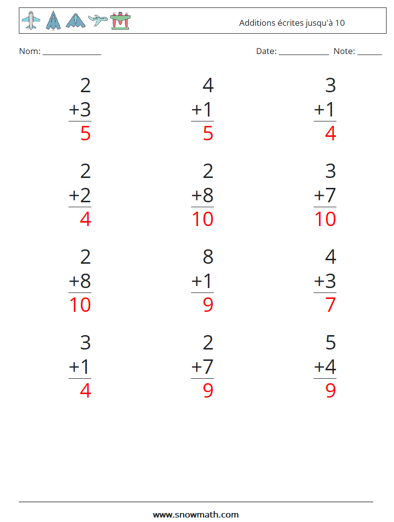 (12) Additions écrites jusqu'à 10 Fiches d'Exercices de Mathématiques 1 Question, Réponse