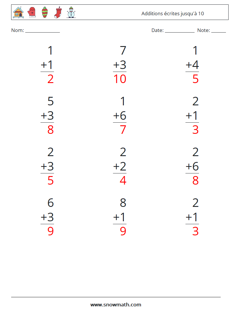 (12) Additions écrites jusqu'à 10 Fiches d'Exercices de Mathématiques 2 Question, Réponse