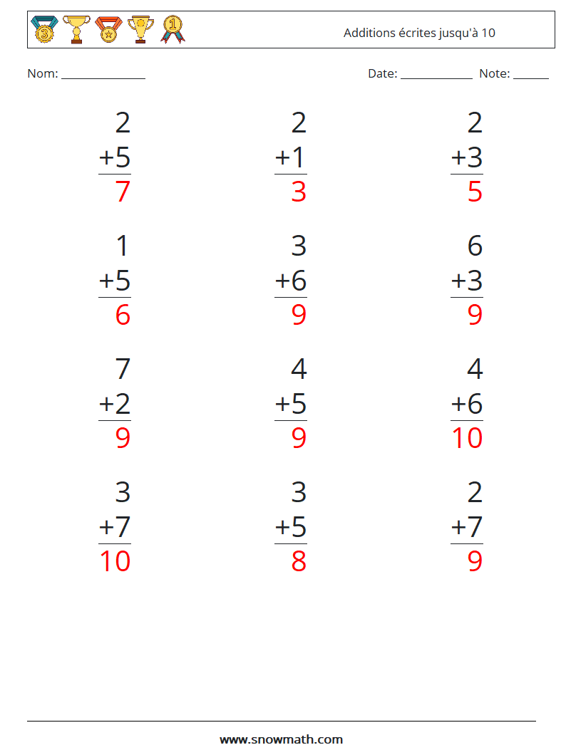 (12) Additions écrites jusqu'à 10 Fiches d'Exercices de Mathématiques 3 Question, Réponse