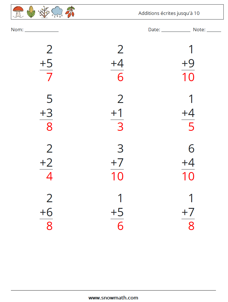 (12) Additions écrites jusqu'à 10 Fiches d'Exercices de Mathématiques 4 Question, Réponse