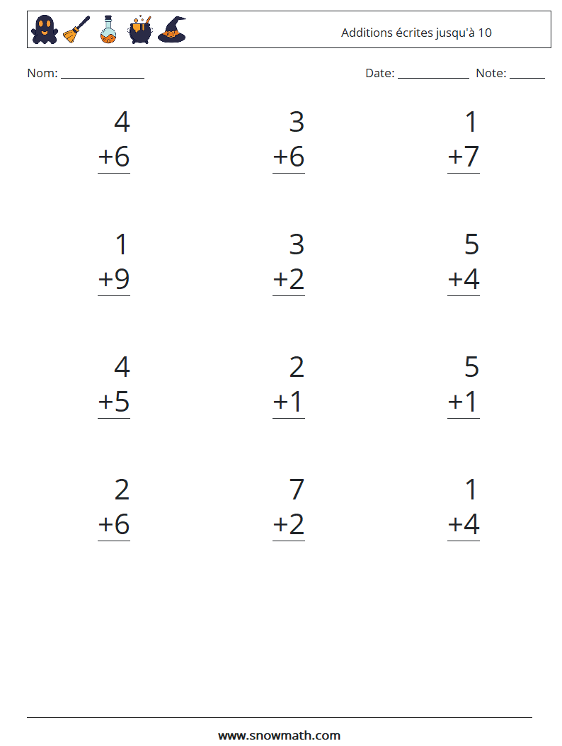 (12) Additions écrites jusqu'à 10 Fiches d'Exercices de Mathématiques 5