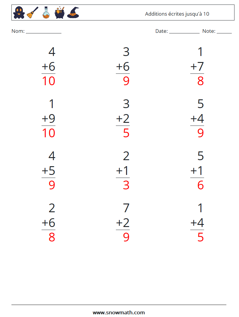 (12) Additions écrites jusqu'à 10 Fiches d'Exercices de Mathématiques 5 Question, Réponse