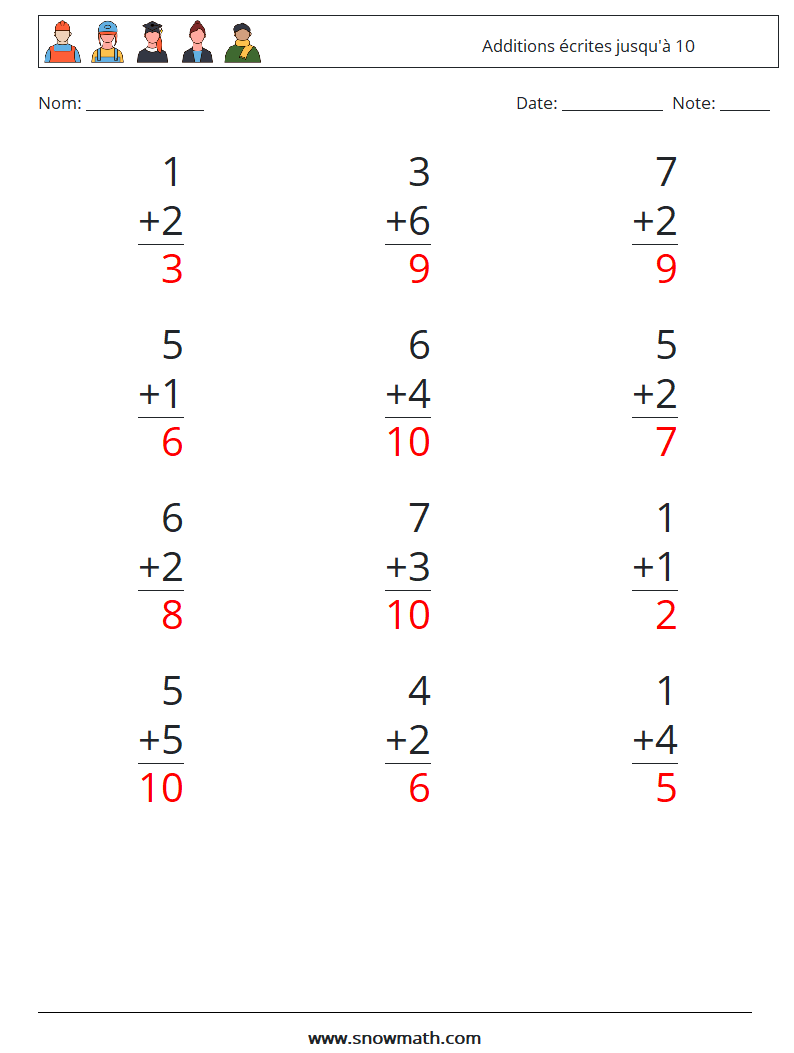 (12) Additions écrites jusqu'à 10 Fiches d'Exercices de Mathématiques 6 Question, Réponse