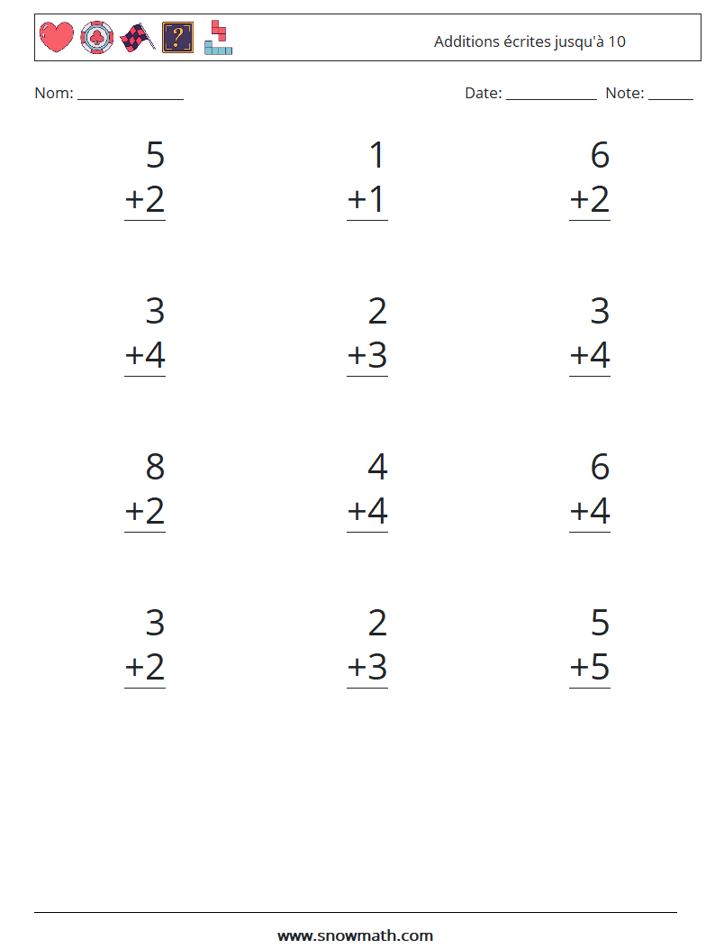 (12) Additions écrites jusqu'à 10 Fiches d'Exercices de Mathématiques 8