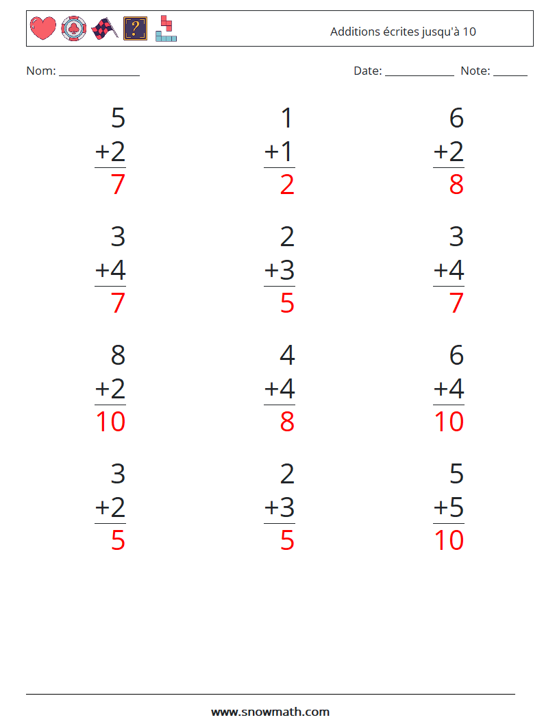 (12) Additions écrites jusqu'à 10 Fiches d'Exercices de Mathématiques 8 Question, Réponse