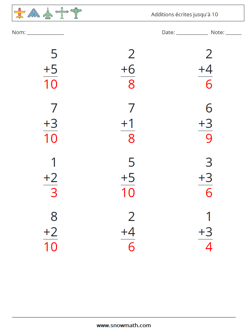 (12) Additions écrites jusqu'à 10 Fiches d'Exercices de Mathématiques 9 Question, Réponse