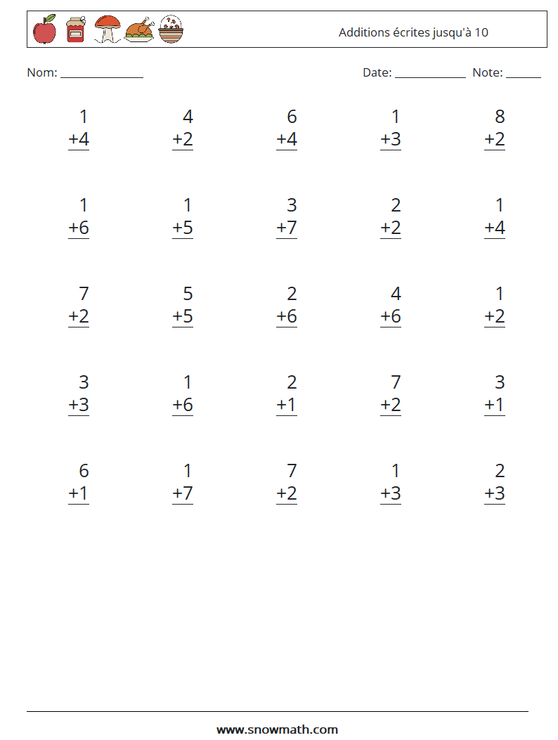 (25) Additions écrites jusqu'à 10 Fiches d'Exercices de Mathématiques 4