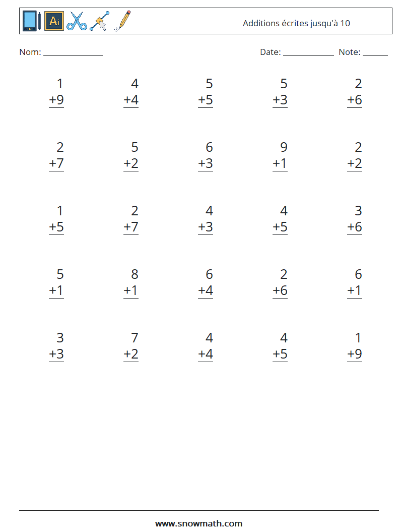 (25) Additions écrites jusqu'à 10 Fiches d'Exercices de Mathématiques 5