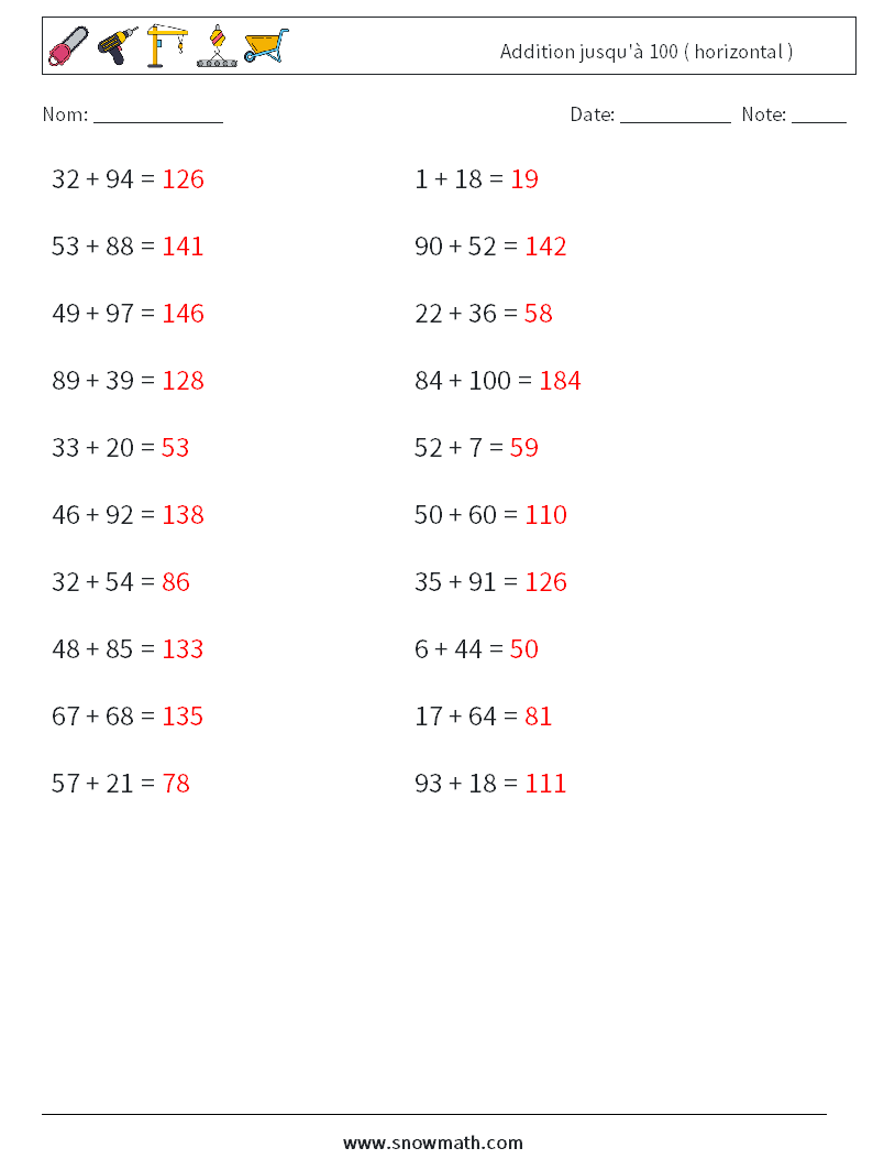 (20) Addition jusqu'à 100 ( horizontal ) Fiches d'Exercices de Mathématiques 1 Question, Réponse